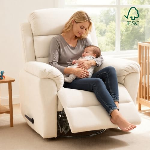 FLEXISPOT Souffle Swivel Rocker Recliner Chair for Adults, Nursery Rocking Glider Chair with Massage & Heat, FSC Wood Frame, Manual Recliner for Living Room, Nursery & Relaxation, Cream - Image 4