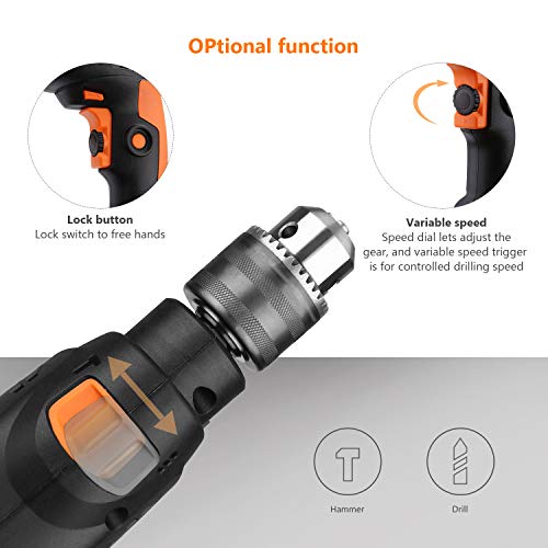 Hammer Drill, TACKLIFE Corded Drill 1/2 Inch, 2800RPM, 44800BPM Dual Drill Mode, Variable Speed Trigger, 360° Rotatable Handle, Speed Setting Knob for Wood, Steel, Masonry-PID01A
