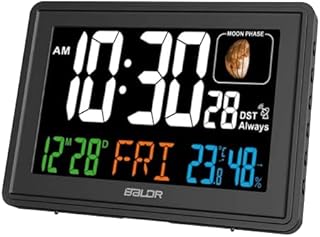 BALDR Atomic Alarm Clock - Large Color Display Digital Desk Clock - With Indoor Thermometer for Temperature & Humidity - Date & Real-Time Moon Phases - Perfect Office Clock or Nightstand Clock (Black)
