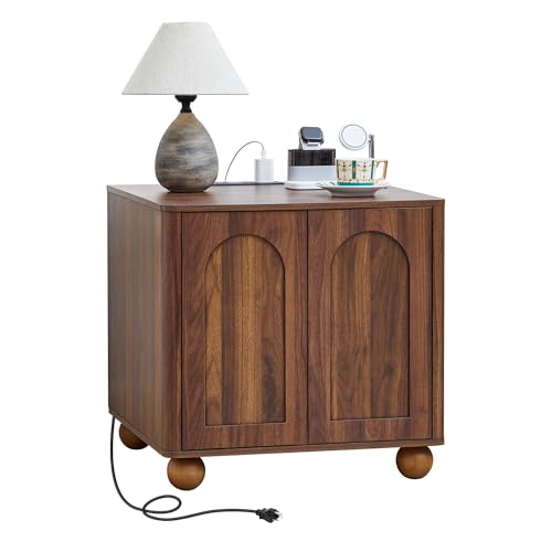 affeivul Bed Side Table with Charging Station Mid Century Modern Nightstand with 2 Doors Square End Table with Storage for Couch Living Room Small Spaces Sofa Side Table for Office Dorm Walnut