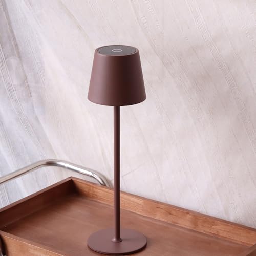 DILUMEN Lampada da tavolo senza fili, 3 temperature di colore, intensità variabile, lampada da scrivania a batteria ricaricabile a LED in metallo per esterni e interni, IP54,5200 mAh, marrone chiaro