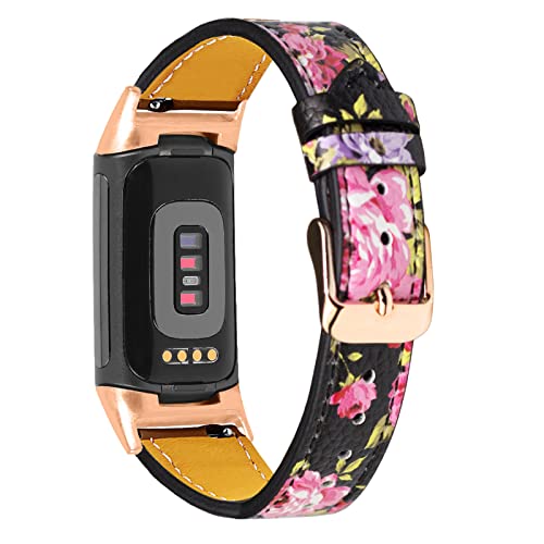 Mtozon Bandas de cuero compatibles con Fitbit Charge 5, correas de repuesto de cuero genuino para mujer, floral