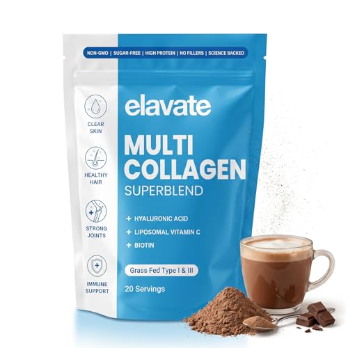 Elevate Multi Collagen Superblend Powder Chocolate Flavor 220g Sugar Free Protein Powder with Hyaluronic Acid & Vitamin C. Supports Healthy Skin Hair Nails & Joints