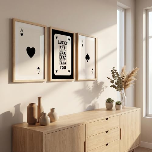 Image of NoWorries Playing Cards Wall Framed Painting Set | Lucky Card Art & Heart Ace Posters Frames | Premium 300 GSM Paper Print with Synthetic Wooden Frame | Minimal Black & White Aesthetic Wall Decor for Living Room & Bedroom (Pattern-illustration) (Set of 3) (NATURAL, ART-5, 10X13INCHES)