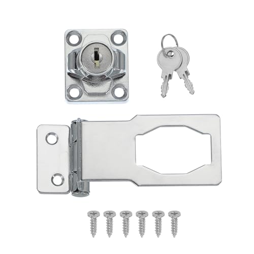 Image of MECCANIXITY Twist Knob Keyed Hasp Locks Safety Packlock Clasp Hasp Latches with Keys & Screws 3 Inch 90Right Angle for Window Barn Drawer Cabinet Garage Closets Doors (Silver)