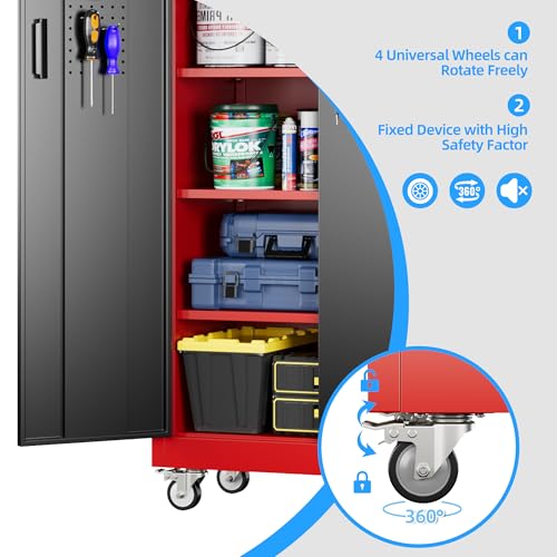 Image of Aobabo Upgrade 71H''*32''W*16''D Metal Garage Storage Cabinet with Wheels and Pegboards, 5 Adjustable Shelves Steel Storage Cabinets for Home,Warehouse,Garage,Assembly Required,Black Red