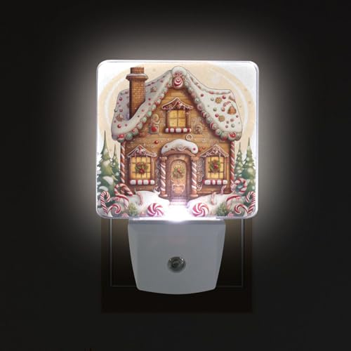 Image of Christmas Gingerbread House Night Lights 2 Pack Plug-in Wall Led Nightlight Auto Dusk-to-Dawn Sensor Lamps for Bedroom Kitchen Bathroom