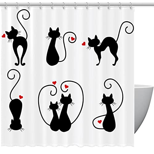 Rideau de douche motif chat imperméable et crochets de salle de bain