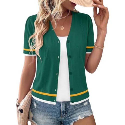 AKEWEI Womens Cardigan V Neck Short Sleeve Lightweight Knit Cropped Sping Summer Cardigans Sweaters