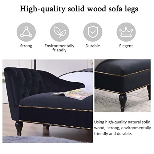 58" Velvet Chaise Lounge, Button Tufted Right Arm Facing Lounge Chair, Elegant Victorian Vintage Style Upholstered Couch With Nail Head Trim & Solid Wood Legs For Living Room, Office, Black #TOP3