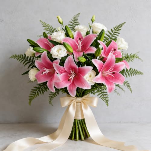Image of CURATED CART 2 Pcs Lily Artificial Flowers Bunch for Home Decoration - Tiger Lilys Bouquet for Home Decor - Real Touch Faux Latex Short Stem - Includes 2 Lily Flowers and 1 Half Bloom Buds-Dark Pink