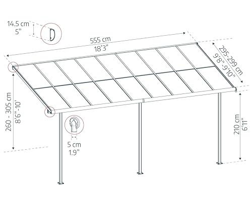 Canopia by Palram Sierra Cabrio Terrassenüberdachung 295x555cm – Grauer Aluminiumrahmen, Verstellbares Schiebe-Dachsystem, Doppelstegplatten in Grau Opal, UV-beständig & Wetterfest