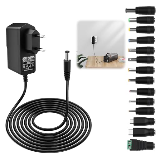 Amztour 12W Adaptador de Corriente Universal con 14 Enchufes 12V 1A Cargador de Fuente de alimentación AC 100-240V 50/60Hz para Cámara CCTV, Tira LED, Caja de TV, Router 1000mA MAX