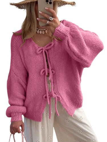 Image of chouyatou Women's Cute Bow Knot Cardigan Fall Casual Oversized Ribbed Knit Sweater Cardigan Tops