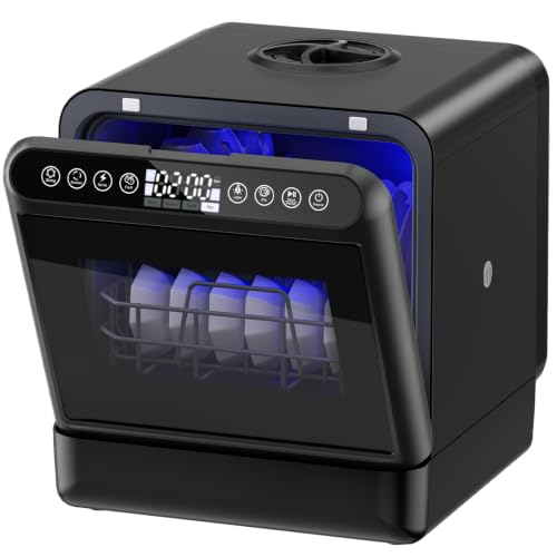 Countertop Dishwasher, Portable Dishwasher for 3-5 People, 6 Washing Modes, 5L Water Tank, Dual Spray Arms, 3D Hot Air Dry & UV Light Care, Dual Water Supply, No Plumbing Hookup Needed for Dorm, RV
