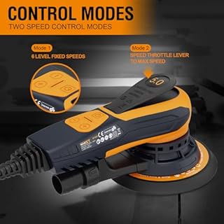 MAXXT Ponceuse orbitale 5,0mm sans balais, Ponceuse électrique 350W | 6 vitesses réglables (4000-10000 tr/min) | Plateaux 150&125 mm | boîte, 20 feuilles abrasives | bois/meubles/parquets
