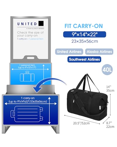 Narwey Carry on luaggage 22x14x9 Airlines Approved Foldable Carry on Bag Travel Duffel Packable Duffle with Wet Pocket Overnight for Women and Men 40L (Black)2