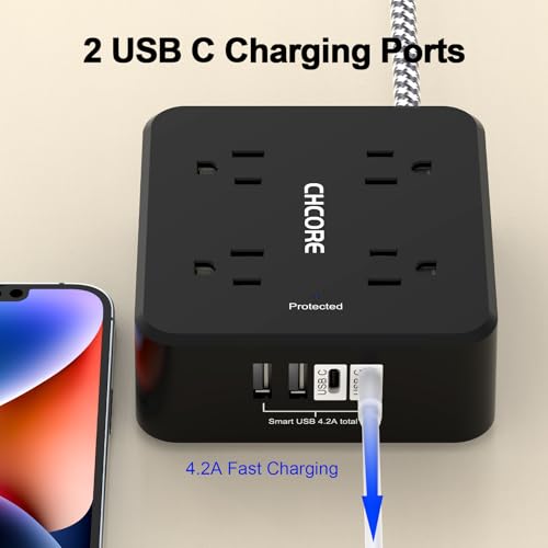 Image of Surge Protector Power Strip - CHCORE 5Ft Braided Extension Cord with 8 Outlets with 4 USB (2 USB C) Charging Ports, Flat Plug Multi Plug Outlet Extender Charging Station for Home Office, ETL, Black