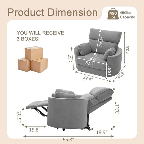 Image of 450lbs Oversized Power Recliner Chair for Big & Tall Adults, Extra Wide Electric Chair with USB & Type-C Ports, Chenille Single Sofa with Pillows for Living Room, Bedroom, Gray
