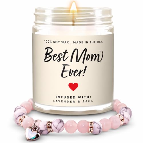 Best Mom Ever Candle & Bracelet Gift Set – Mothers Day Candle Gift for Mom from Daughter Son Kids Husband, Pink Quartz Healing Bracelet, 9oz Lavender & Sage Soy Wax, 50 Hour Burn, Birthday