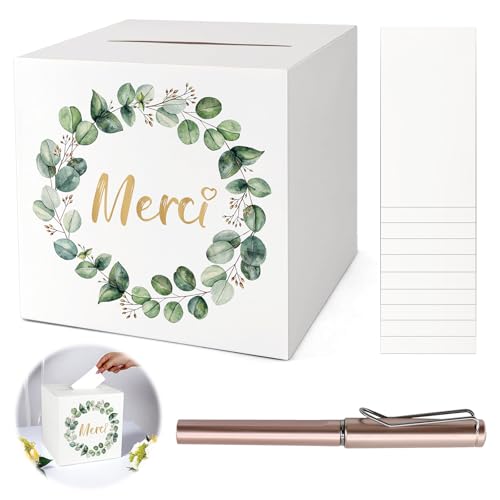 KASURE Urne Mariage Carton pour Enveloppe et Cartes 22 * 22 cm, vert, Idéale pour Mariage, Baptême, Anniversaire, Diplôme avec 10 Cartes & Stylo Doré
