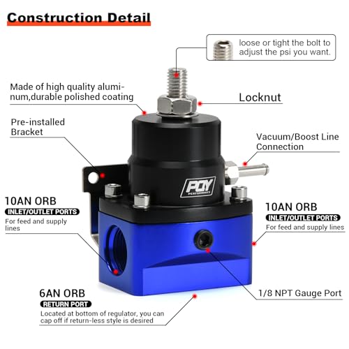 PQY Adjustable Fuel Pressure Regulator Kit 3-110PSI with AN10 Feed Port and AN6 Return Port with Replacement Spring (blue+black) by PQY - Image 4