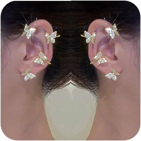 2Pcs Zircon Butterfly Ear Cuff Earrings for Women No Piercing Ear Clip Wrap Around Fake Earrings Crawler Rhinestone Wrap Earrings