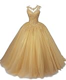 BetterGirl Damen Abendkleider Prinzessin Ballkleid Elegant für Hochzeit Spitze Brautkleid Quinceanera Kleider(Champagne,42)