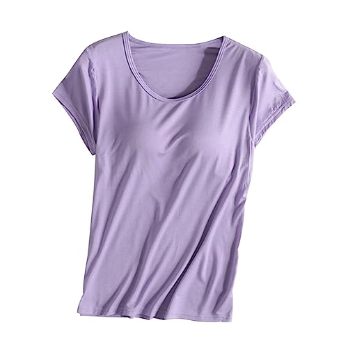 Camiseta de manga corta para mujer con sujetadores integrados, para verano, informal, con relleno liso, elástica, cómoda, holgada, básica, yoga, atletismo, gimnasio, dormir, Morado (, S