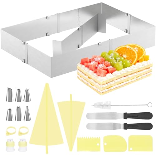 CIRULLI Moule gateau rectangulaire inoxydable,Cadre Patisserie Extensible (28 x 18 cm à 53 x 33 cm) moule à gâteau de 8 cm de hauteur,accessoire pour la...