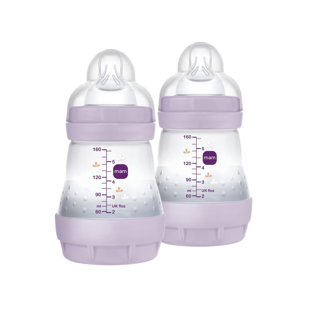 MAM Butelka do karmienia Easy Start, 2 butelki dla niemowląt, 0-4 miesiące, 160 ml, 1 na 0+ miesięcy, silikonowy smoczek SkinSoft, Bio-okrągły, różowy