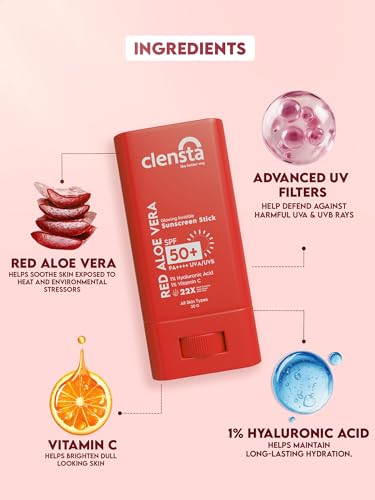 Image of Clensta Red Aloe Vera Sun Stick SPF 50 PA++++ with Hyaluronic Acid &1% Vitamin C | Broad Spectrum UVA & UVB Protection | No White Cast, Lightweight & Travel-Friendly | Easy Reapplication Sunscreen Stick | 20gm