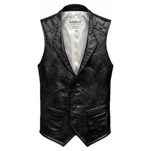RABCHI Mens Leather Vintage Vest - Genuine Lambskin Western Cowboy Waistcoat - Classic Club Style Leather Vest for Men (US Alpha X-Large Regular Regular Black)
