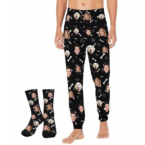 Custom Funny Pajama Pants for Men with Photo Face Pet Dog Cat Pajamas Pjs Lounge Sleepwear Bottoms Personalized Gift