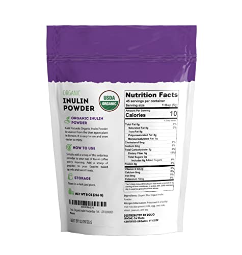 Image of Kate Naturals Inulin Powder Organic from Blue Agave (8oz) Soluble Prebiotic Fiber for Coffee, Yogurt & Smoothies