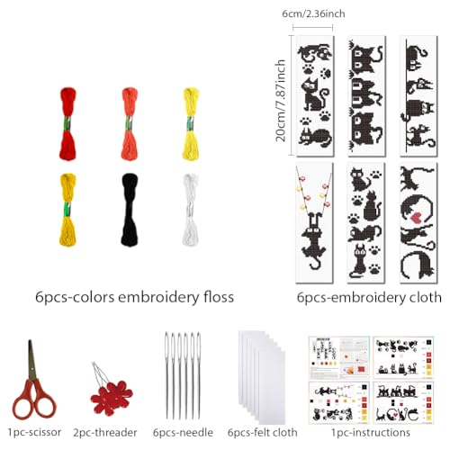 Image of FREEBLOSS 6 Set Cross Stitch Bookmark Kit Stamped Cross Stitch Kit Black Cat Embroidery Set with Instruction for Adults 8''*2.4''