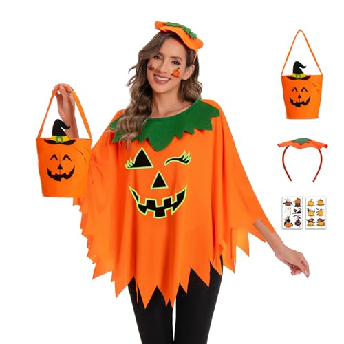ULEMON 5PCS Halloween Pumpkin Costume for Women Adults Glow in the Dark Halloween Pumpkin Poncho...