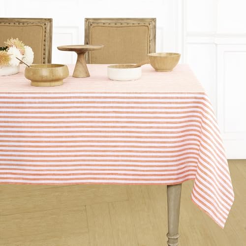 Solino Home 100% Pure Linen Tablecloth, 60 x 90 in, Orange and White Stripe