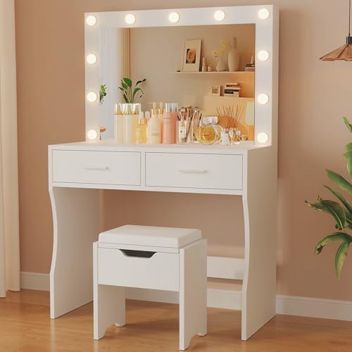 JUMMICO Große Schminktisch mit LED Beleuchtung und Große Spiegel 90 x 40 cm, Einstellbare Helligkeit und Farbtemperatur, Kosmetiktisch mit 11 LED Glühbirne, Weiß