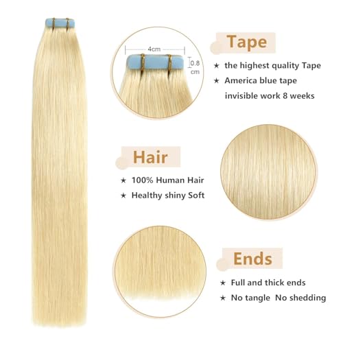 Extensiones adhesivas de cabello real rubio blanqueador 60 cm invisibles 3