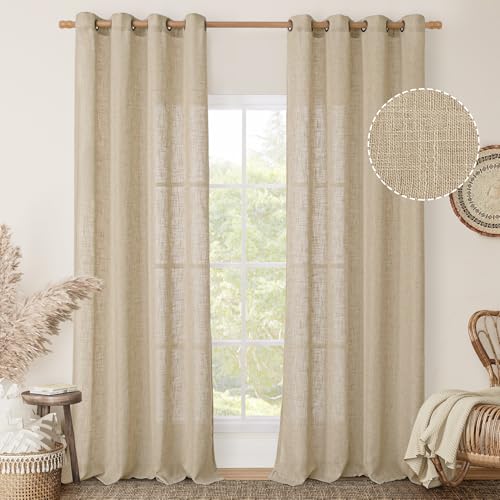 Image of LAMIT 102 Inch Length Light Filtering Sheer Linen Curtains, Linen Textured Semi Sheer Bronze Grommet Natural Boho Drapes for Living Room /Farmhouse, 2 Panels, Brown, 52 x 102 Inch