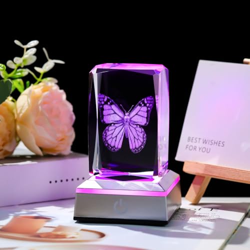 Image of 3D Crystal Butterfly for Mom Women or Men, Laser Etched Glass Butterfly Figurine Decor Stuff with Colorful LED Base Nature Lovers Keepsakes Paperweight Gifts for Birthday