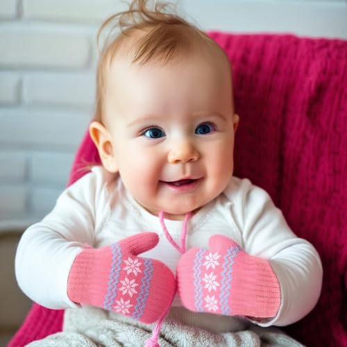 Baby Warm Knit Mittens Winter Toddler Gloves for Infant Kids Girls Boys, Cute Snowflake Soft Elastic Thick Faux-Plush Lined with Neck Rope in Cold Weather