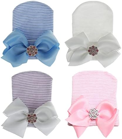 Gellwhu Newborn Hospital Hats Baby Girls Boys Beanies Cap Bow No Scratch Mittens Set 4 Pack Rhinestone Blue White Purple Pink Beanies