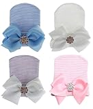 Gellwhu Newborn Hospital Hats Baby Girls Boys Beanies Cap Bow No Scratch Mittens Set 4 Pack Rhinesto