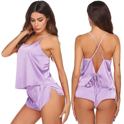 Image of Ekouaer Silk Pajamas Set for Women Satin Backless Lingerie Pjs Cami Top and Shorts Nightwear