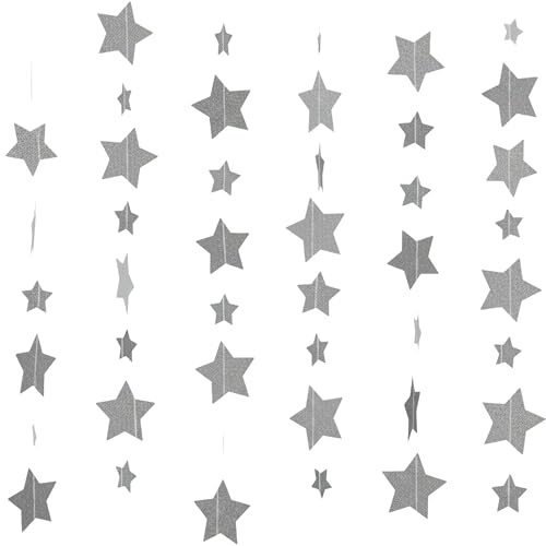 Double Sided Star Hanging Decoration - Reflective Star Paper Wreath, Sparkling Little Stars Party Banner - Birthday, Festival, Wedding, Graduation New Year Party Decoration (Silver - Stars)