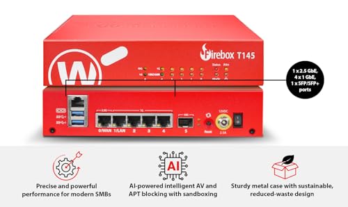 Image of WatchGuard Firebox T145-W with 1 Year Basic Security Suite - Wi-Fi 7 Firewall, 2.5Gb, 1Gb & SFP Ports, Enterprise Security for Retail & Branch Locations (WGT146031)
