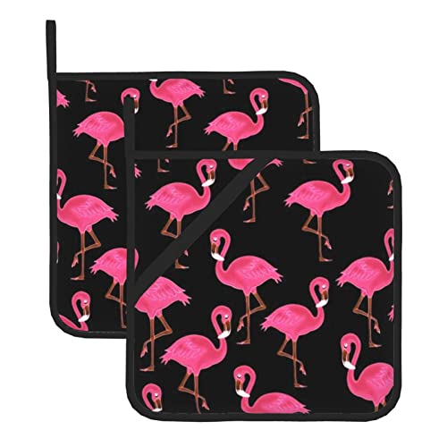 2Pcs Pot Holders Sets,Lovely Pink Flamingos,Kitchen Oven Glove High Heat Resistant 500 Degree Oven Mitts and Pot Holder,Surface Safe for Baking,Cooking,BBQ