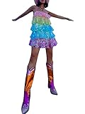 Women Sparkle Ruffle Layered Tiered Dress Rainbow Sequin Party Dress Sleeveless Spaghetti Strap Mini Dress (A-a-Colorful, L)